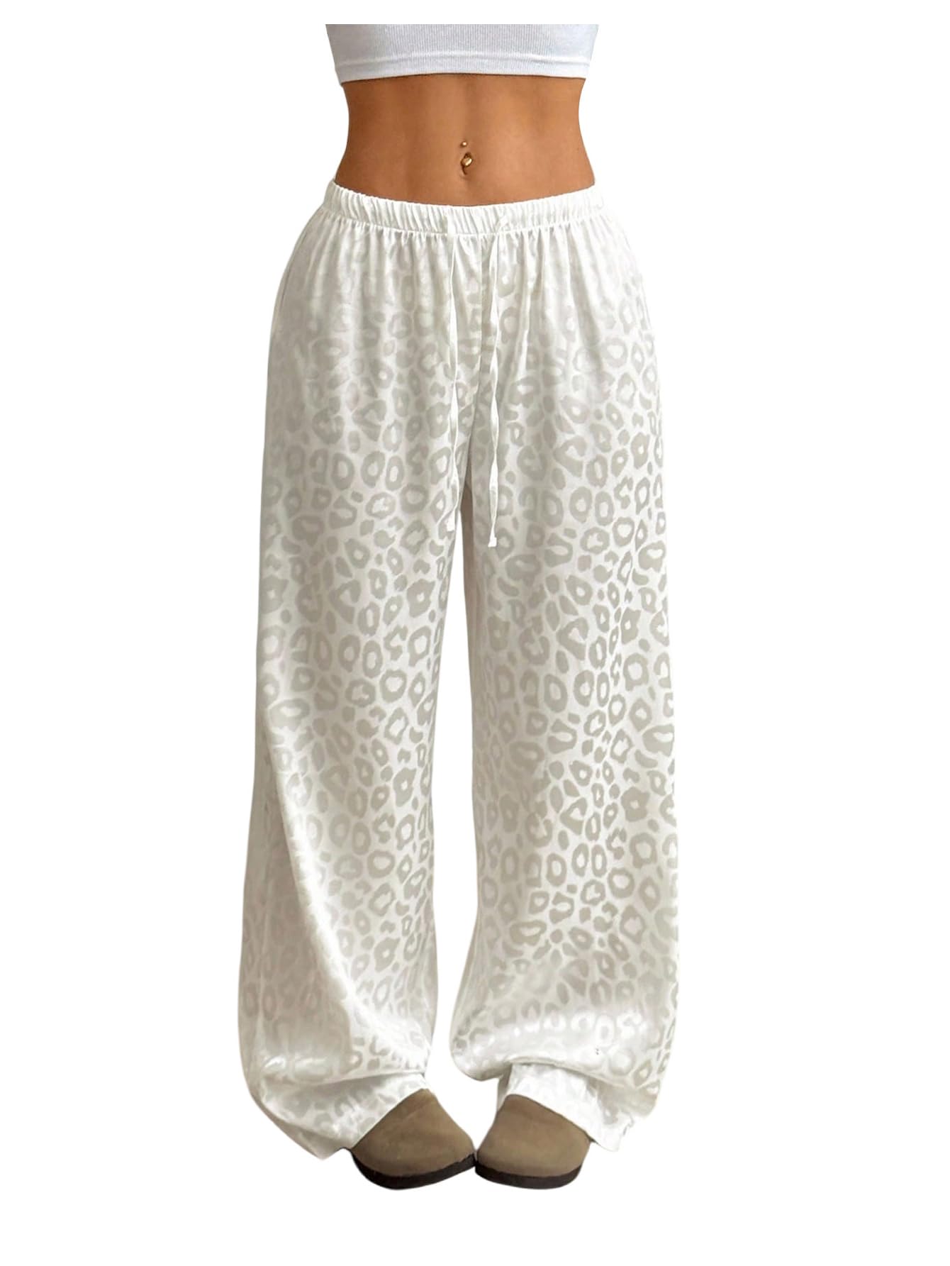 Verdusa Womens Plus Size Y2K Leopard Print Baggy Pants Drawstring Waist Wide Leg Casual Trousers