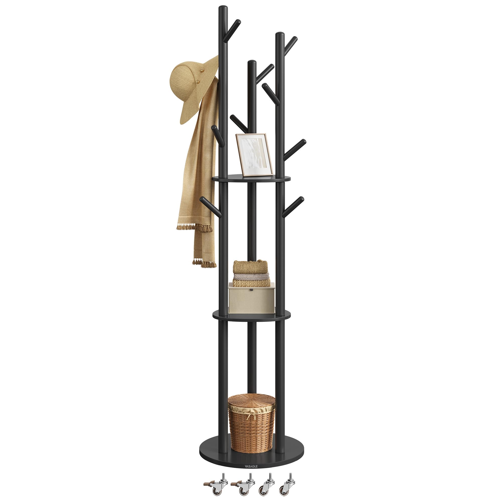 VASAGLE Freestanding Coat Rack Stand, Coat Tree with 11 Hooks, 3 Shelves, 4 Removable Wheels, for Hallway, Bedroom, Living Room, Ink Black RCR023B01