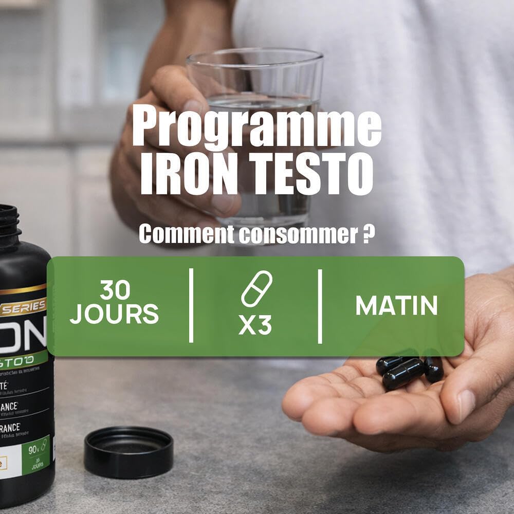 IRON TESTO - Booster de Testostérone - Virilité, Puissance, Endurance - Formule Complète avec Tribulus Terrestre, Maca et Ginseng - Sans Nano-Particules - 90 Gélules - Eric Favre