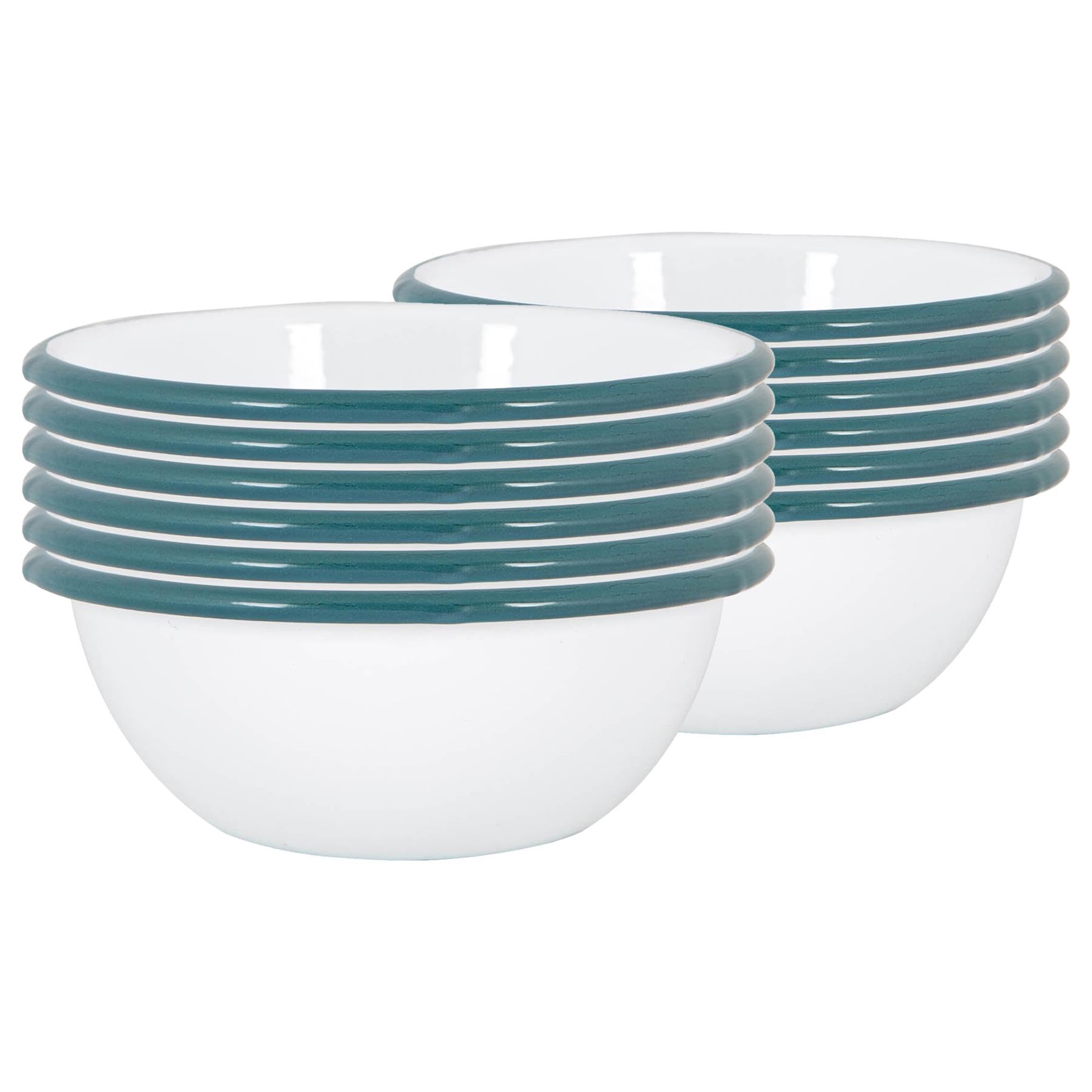 Argon Tableware Coloured Pasta Bowls - 16cm - Pack of 12 - Green Metal Enamel Cereal Lightweight Camping Serving Bowls for Snacks, Pasta, Cereal, Salad