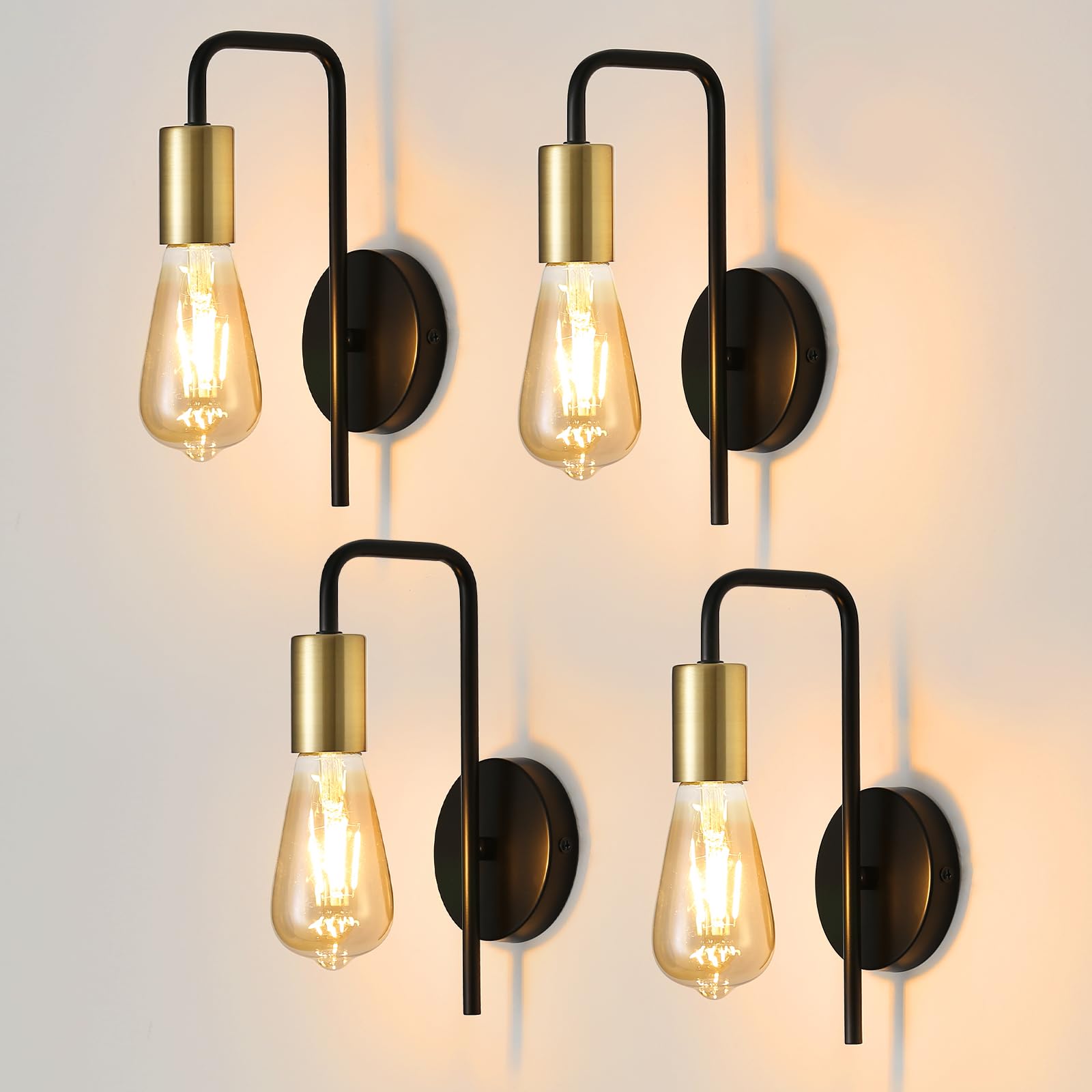 Osairous Wandleuchte Innen 4 Stücke, Industrielle Wandlampe aus Eisen, Retro Wandbeleuchtung für Schlafzimmer, Treppe, Bar, IP20, E27, Schwarz, Max 40W, Ohne Glühbirne