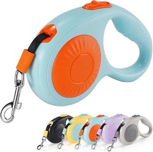 JSXD Correa retráctil para perro de 360 sin enredos con freno con una sola mano, pausa, bloqueo, cinta de nailon resistente de 10 pies para