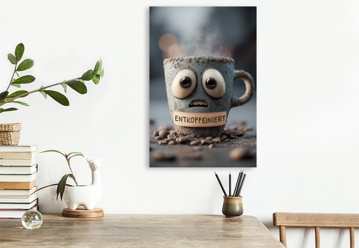 Premium Textil-Leinwand 50 x 75 cm Hochformat Entkoffeinierter Kaffee mit Panikblick - Lustiges Motiv für Koffeinfreunde | Wandbild, HD-Bild auf Keilrahmen, Wanddekoration, Kunstdruck von MB Fotografi