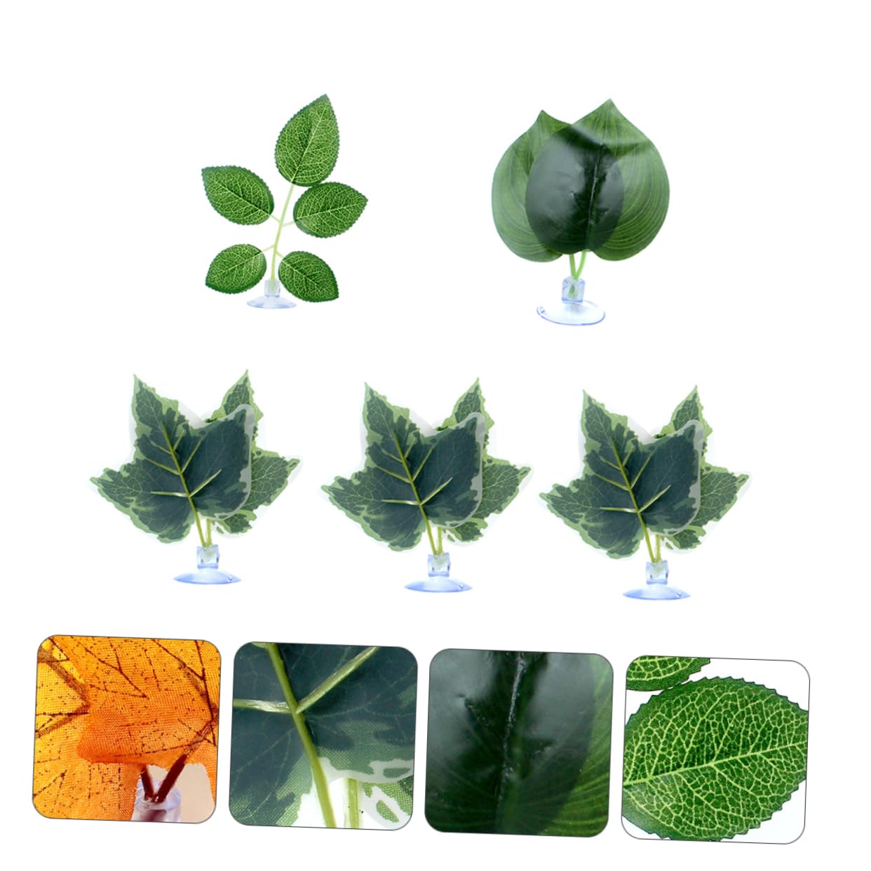 BESTonZON 5Pcs Artificial Pet Plants for Reptile Terrarium Decor Simulation Leaves with Suction Cup Random Color Style for Bearded Dragons Lizards Frogs and Snakes