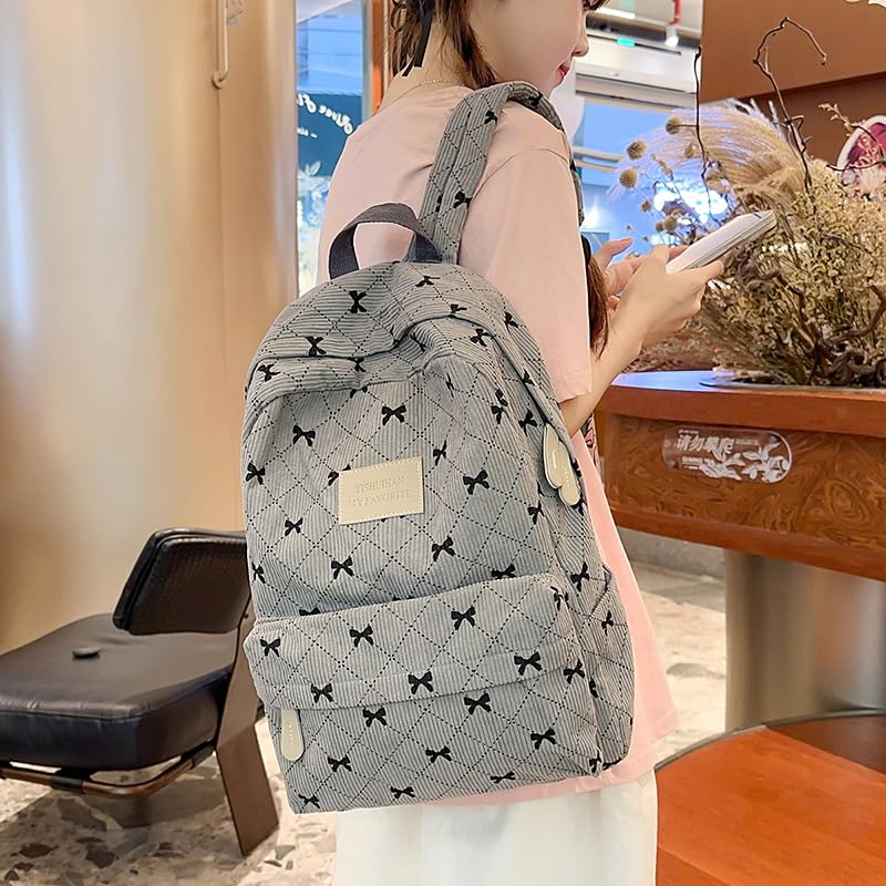 JHTPSLR Bow Corduroy Backpack Women Balletcore Plaid Cute Coquette Book Bags Mochilas Daypack Autumn Winter (Gray)4