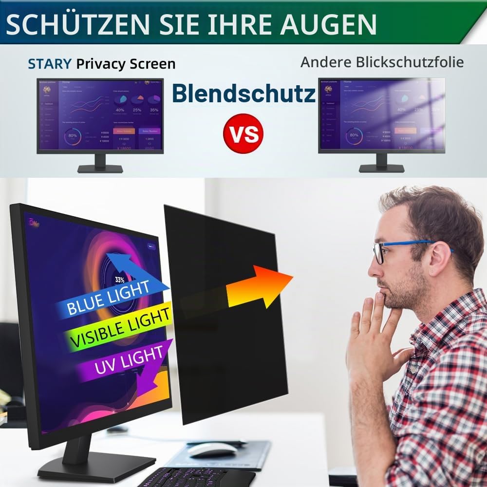 STARY 24 Zoll Monitor 16:10 Blickschutzfolie Seitenverhältnis, Anti-Blaulicht Displayschutz, 24 Inch Abnehmbare Privacy Screen Filter, Blendfreie Schutzfolie