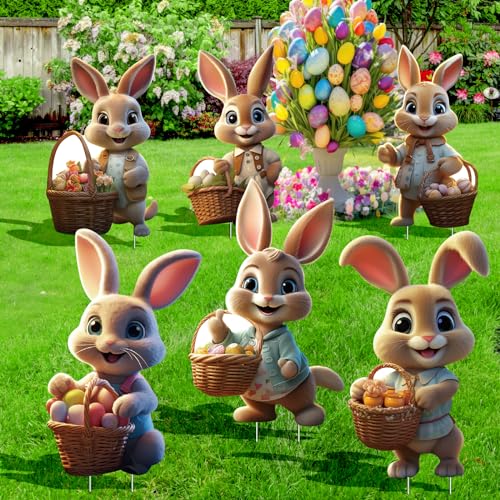 6 PCS Easter Bunny Decorations Outdoor Easter Bunny Signs Easter Bunny Yard Decorations Outdoor with Stakes Bunny Garden Sign Spring Home Decor Waterproof Lawn Signs