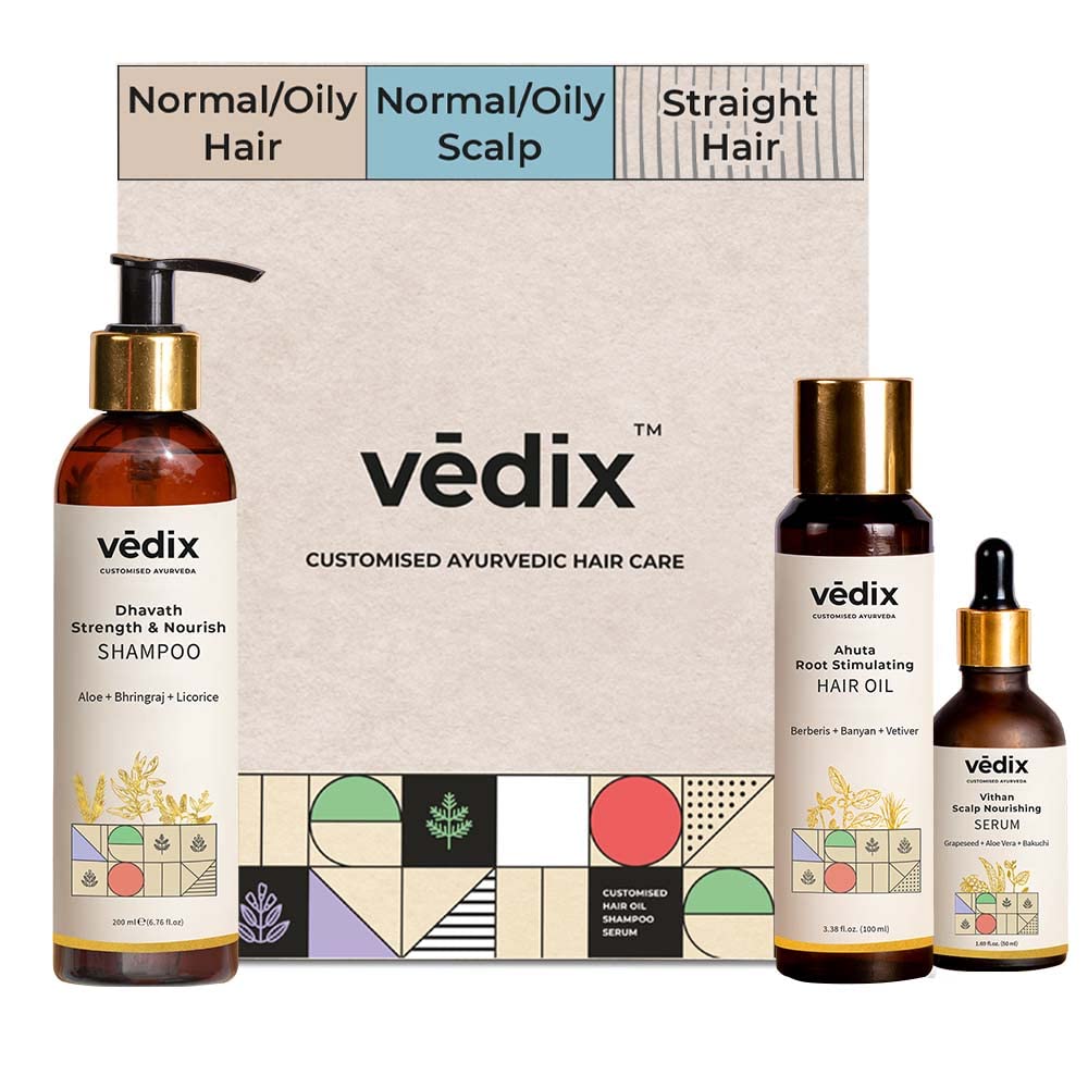 Vedix Ayurvedic Hair Care set for Normal-Oily Hair | Customized for Normal-Oily Scalp & Straight Hair| Hair Oil (3.38 Fl Oz) + Shampoo (6.76 Fl Oz)+ hair Serum (1.69 Fl Oz) - 3 Product set