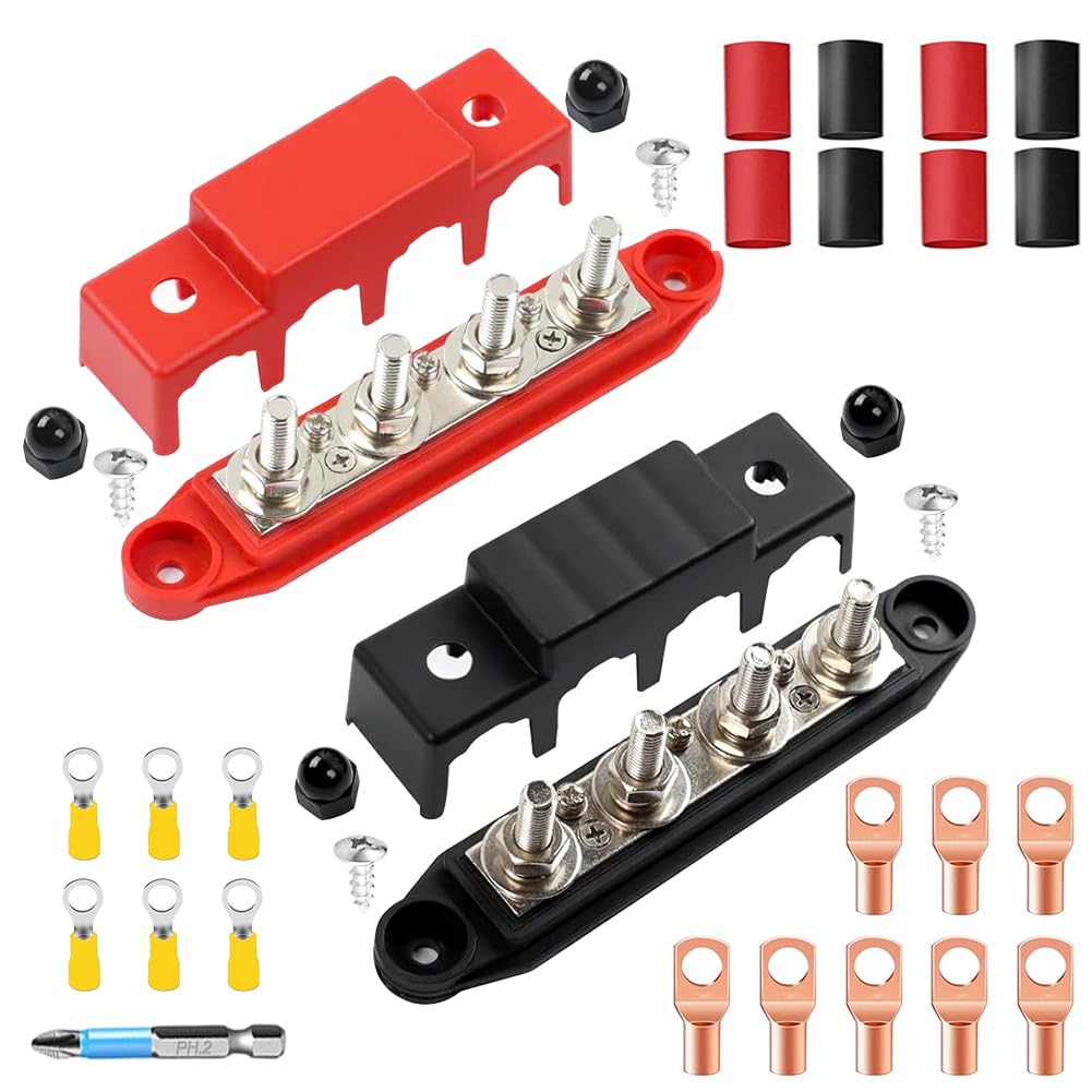 Blocco di distribuzione a 2 binari collettori 12V48V DC con 4 bulloni M8, scatola BuBar da 250 A per auto, camper, barca, yacht