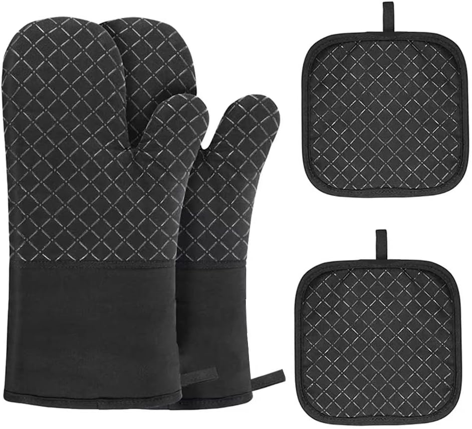 GXLONG Oven Mitts and Pot Holders 4pcs Set, Kitchen Oven Glove High Heat Resistant Oven Mitts and Potholder with Non-Slip Silicone Surface for Cooking