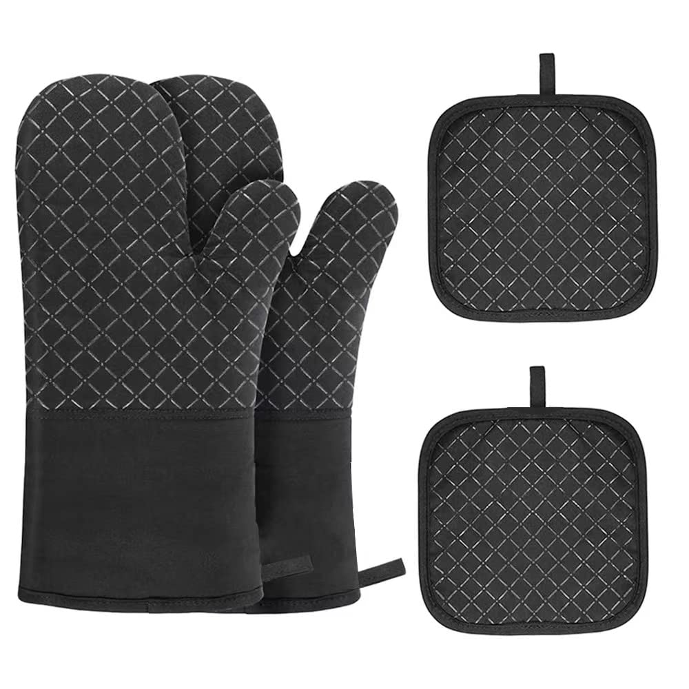 GXLONG Oven Mitts and Pot Holders 4pcs Set, Kitchen Oven Glove High Heat Resistant Oven Mitts and Potholder with Non-Slip Silicone Surface for Cooking