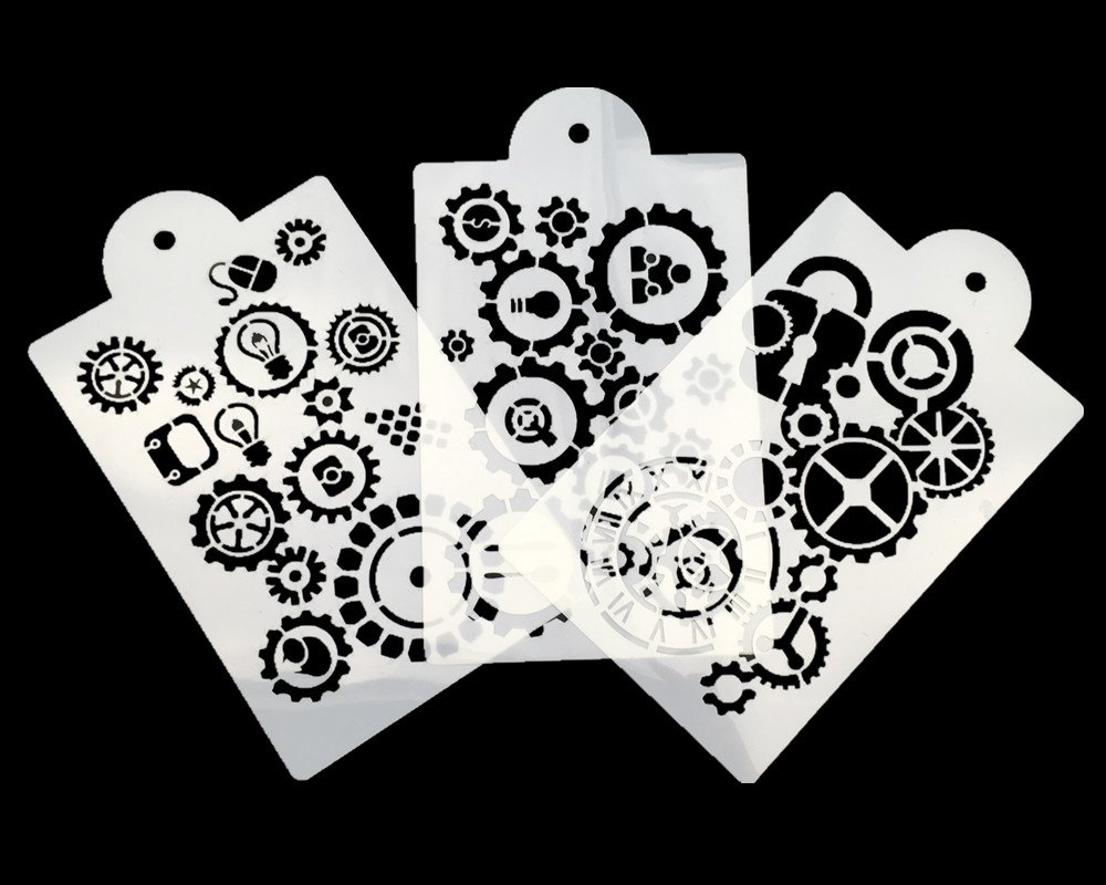 Hyamass 3pcs Gear Pattern Rectangle Shape Hollow Out Painting Stencils Drawing Templates with Handle - Image 3