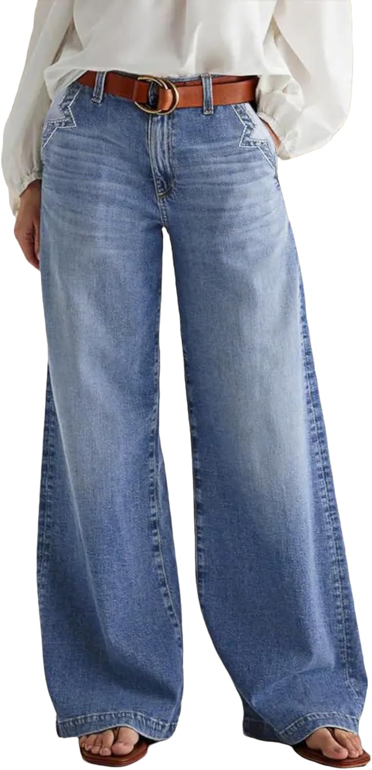 Madrirdma Wide Leg Jeans for Women Mid Waist Baggy Stitch Decor Denim Washed Pants Without Belt