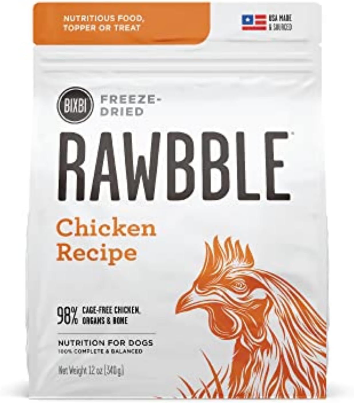 BIXBI Liberty Freeze-Dried Dog Food Topper & Treats, Chicken – 98% Meat & Organs, No Refrigeration – USA Made, 12 oz