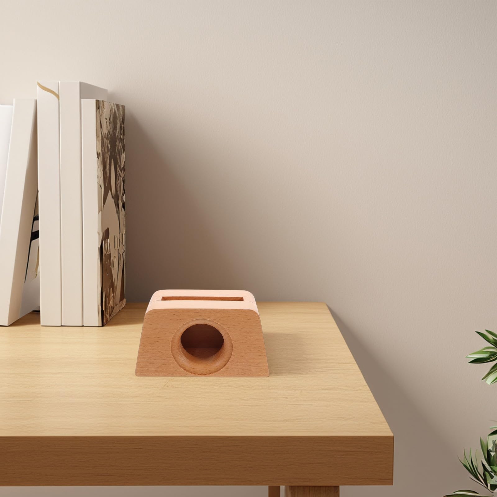 Supporto Cellulare Design Trapezoidale in Legno Amplificatore Acustico Naturale Beige, per Videochiamate e Decorazione da Scrivania