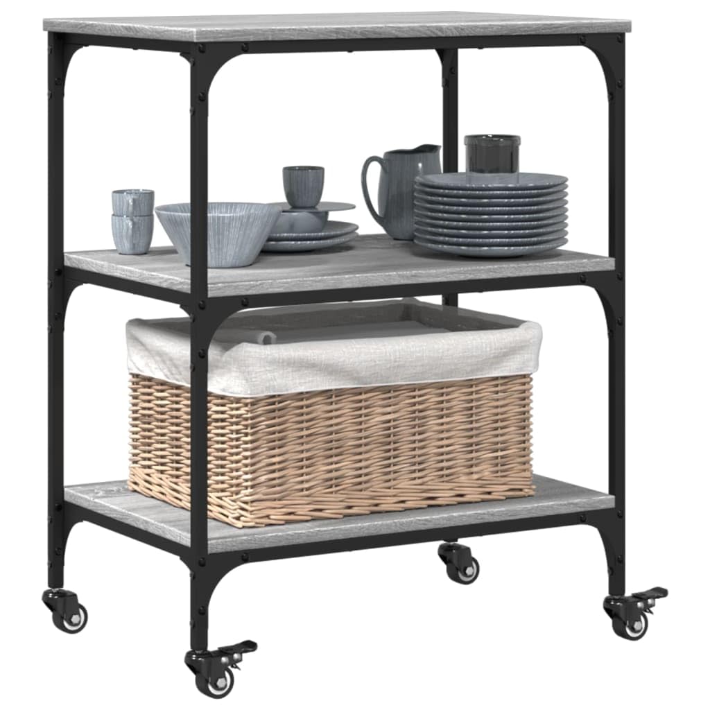 Carrello da cucina grigio Sonoma, 60 x 41 x 76 cm, in legno con telaio in acciaio e 4 ruote, carrello da portata con vano portaoggetti, ripiano, cassetto, portabottiglie, per cucina e bar