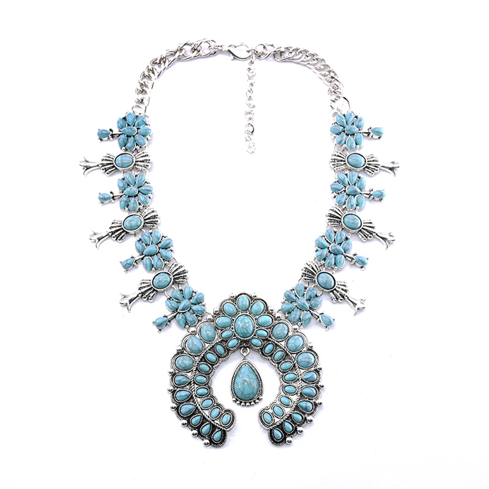 KAMIZE Fashion Turquoise Flower Pendant Alloy Hand-beaded Long Retro Necklace Gifts For Women
