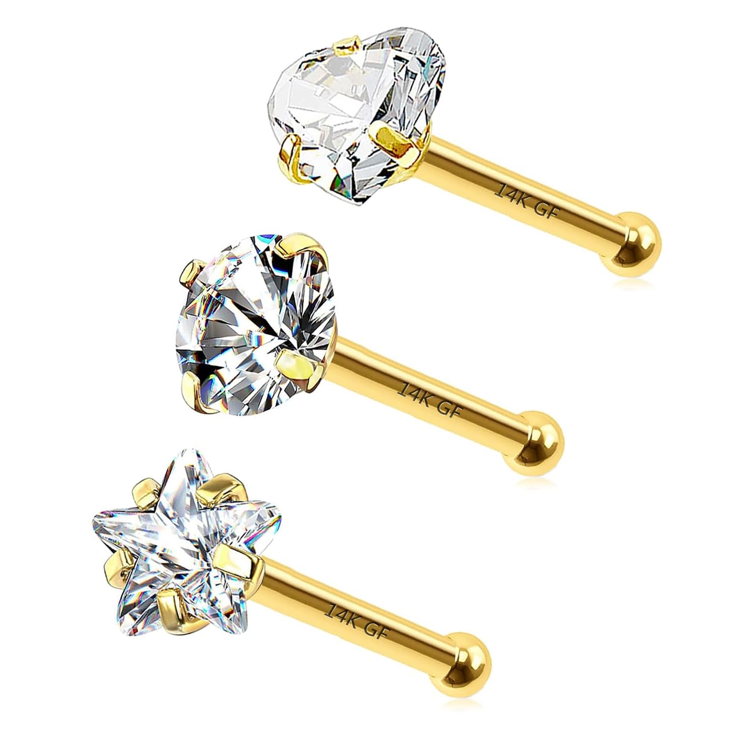 CHARMONLINE 3 Pcs 14K Gold Filled Nose Studs 20G Stainless Steel Stud Nose Ring 2mm/2.5mm/3mm Round CZ L Bend Nose Stud Hypoallergenic Nose Piercing