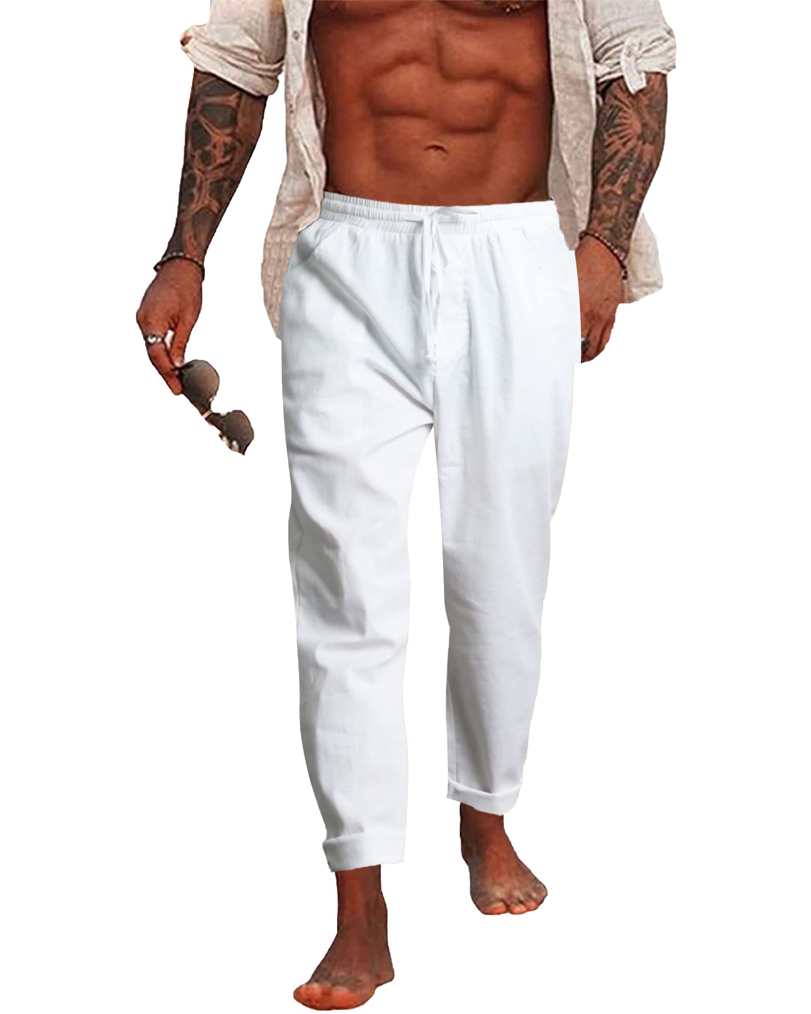 NANAMEEI Pantalon Coton Lin Homme Été Pantalons de Plage Décontractés Casual Yoga Pants Taille avec Cordon Elastique