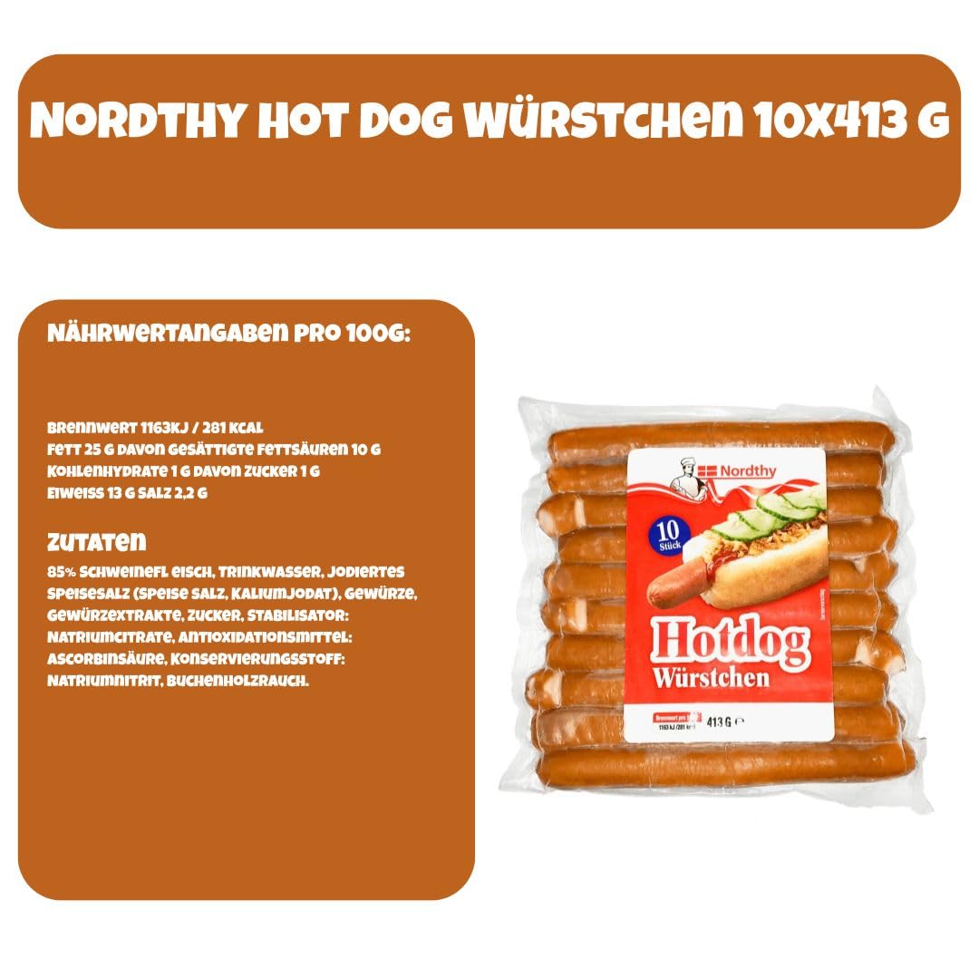 Nordthy Hotdog Würstchen 100 Stück – 10x 413g im Vorratspack – Dänische Original-Würstchen – für Hotdogs & Grill – Bockwurst Art –