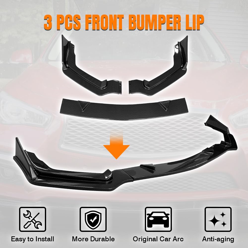 MODILOVER Front Bumper Lip Spoiler Compatible with 2014-2017 Infiniti Q50 Sport Models, PP Black with Carbon Fiber Print 3PC Style Add-on Front Splitter Air Dam Chin Protector, 3 Pieces