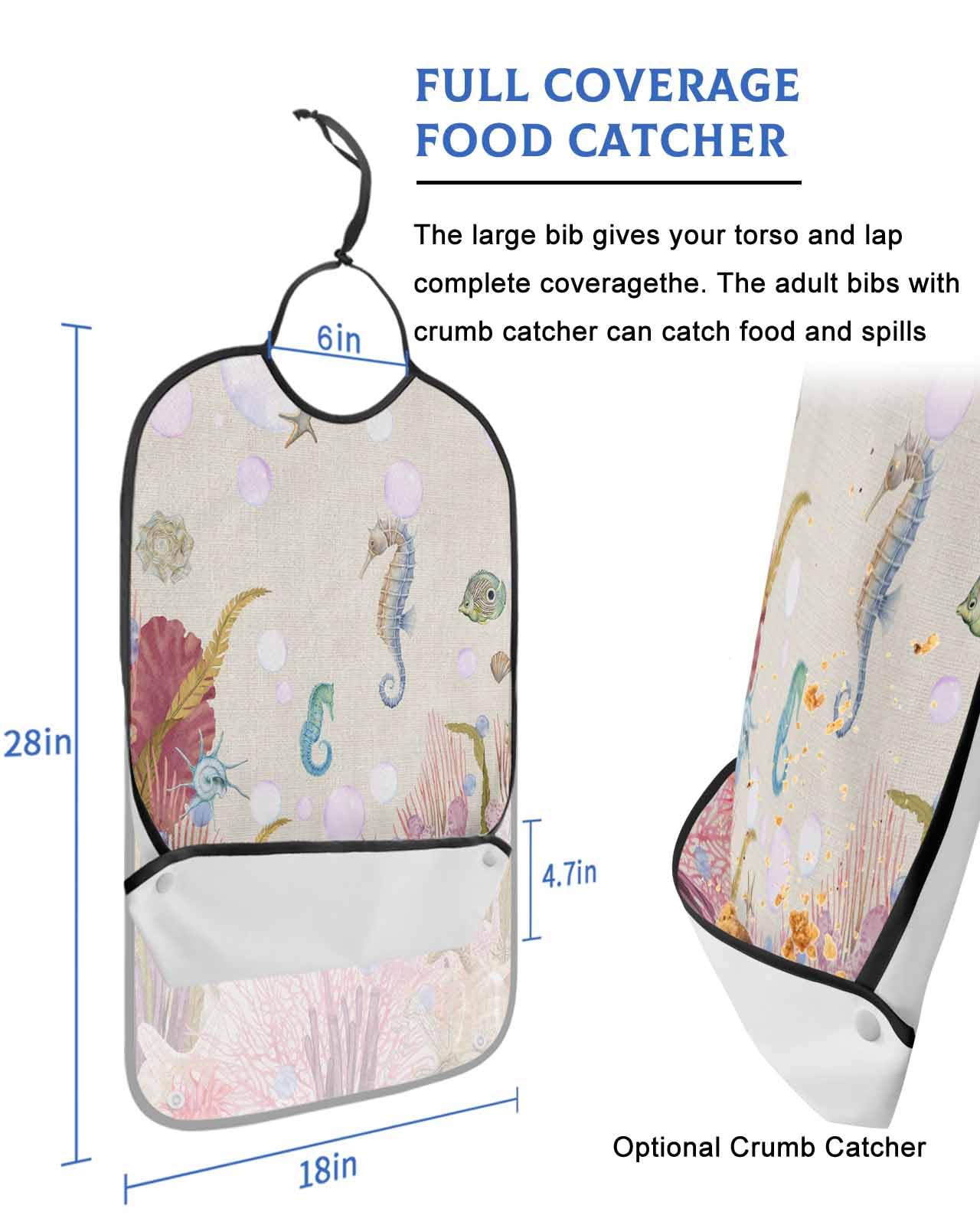 LEOKOTI Pink Coastal Adult Bibs for Eating, Waterproof Bibs with Food Catcher & Adjustable Snap Closure, Summer Beach Nautical Coral Seaside Rustic Washable Clothing Protectors Adult Bibs for Elderly