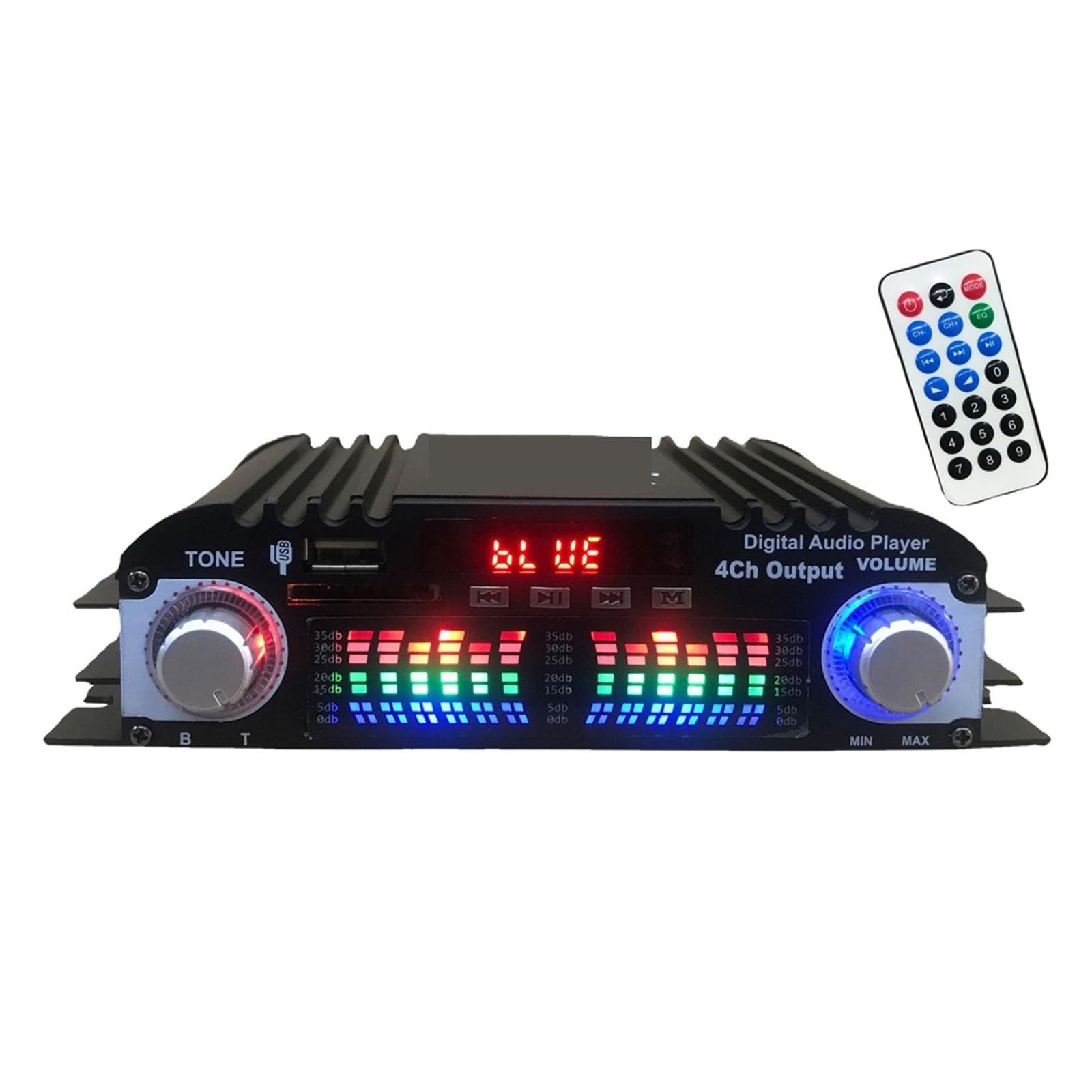 Amplificateur numérique 4 canaux, Puissance de crête 1600 W, Compatible USB et Bluetooth, Mini chaîne Hi-FI stéréo Compact et Intelligent