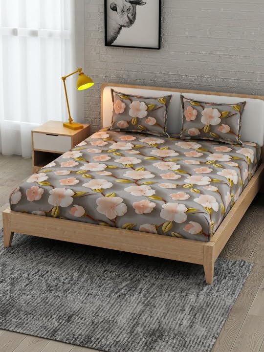 Image of 350 TC Premium Heavy Cotton Feel Elastic Fitted Bedsheet King Size with 2 Pillow Covers || Double Bed with All Around Elastic (Grey Peach7D, Fitted - 72 inchx78 inch King)