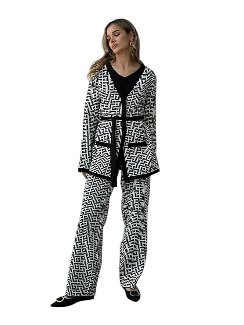 shakuntlam fashion house SFH Fashion Black and White Geometric Printed Co-Ord Set - Belted Long Jacket, Wide-Leg Pants, and Cami Top - Stylish Winter Wear for Parties and Casual Outings-picture-31