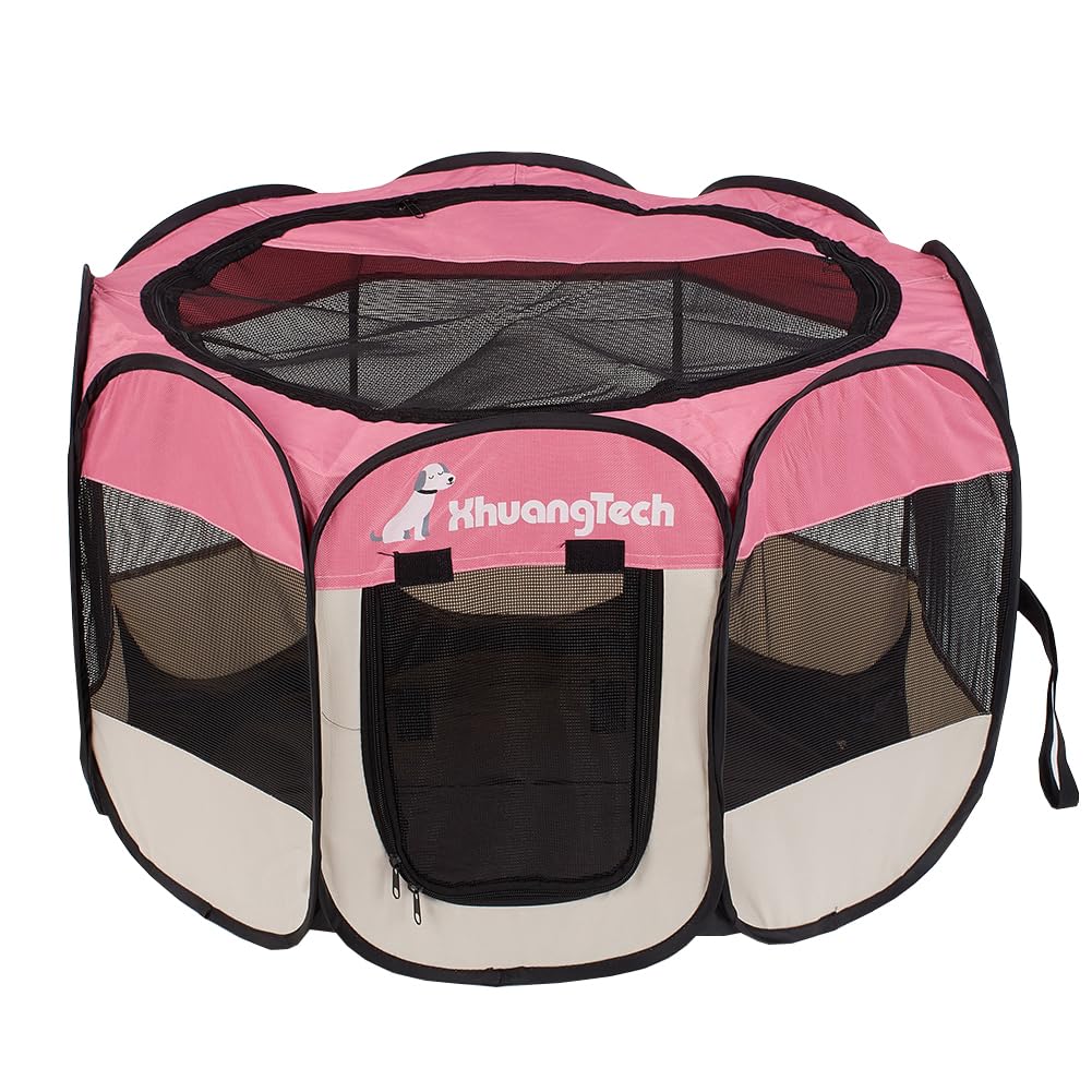 Box pieghevole per cani e animali domestici, box portatile pop up, per interni/esterni, per gattini, cuccioli, gabbia tenda con borsa per il trasporto, 600D Oxford (rosa + beige, S (66 x 66 x