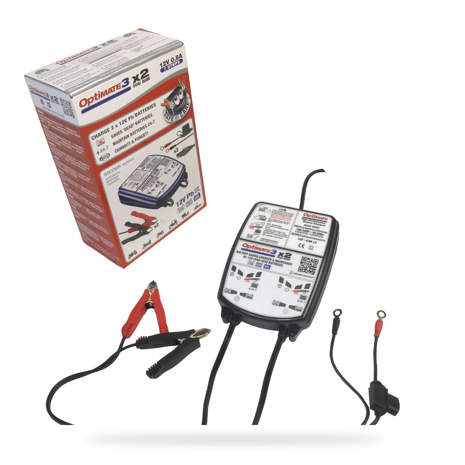 Optimate - Chargeur Batterie Optimate 3 - pour Batterie 12V - Peut Tester et/ou Charger Deux Batteries en Même Temps