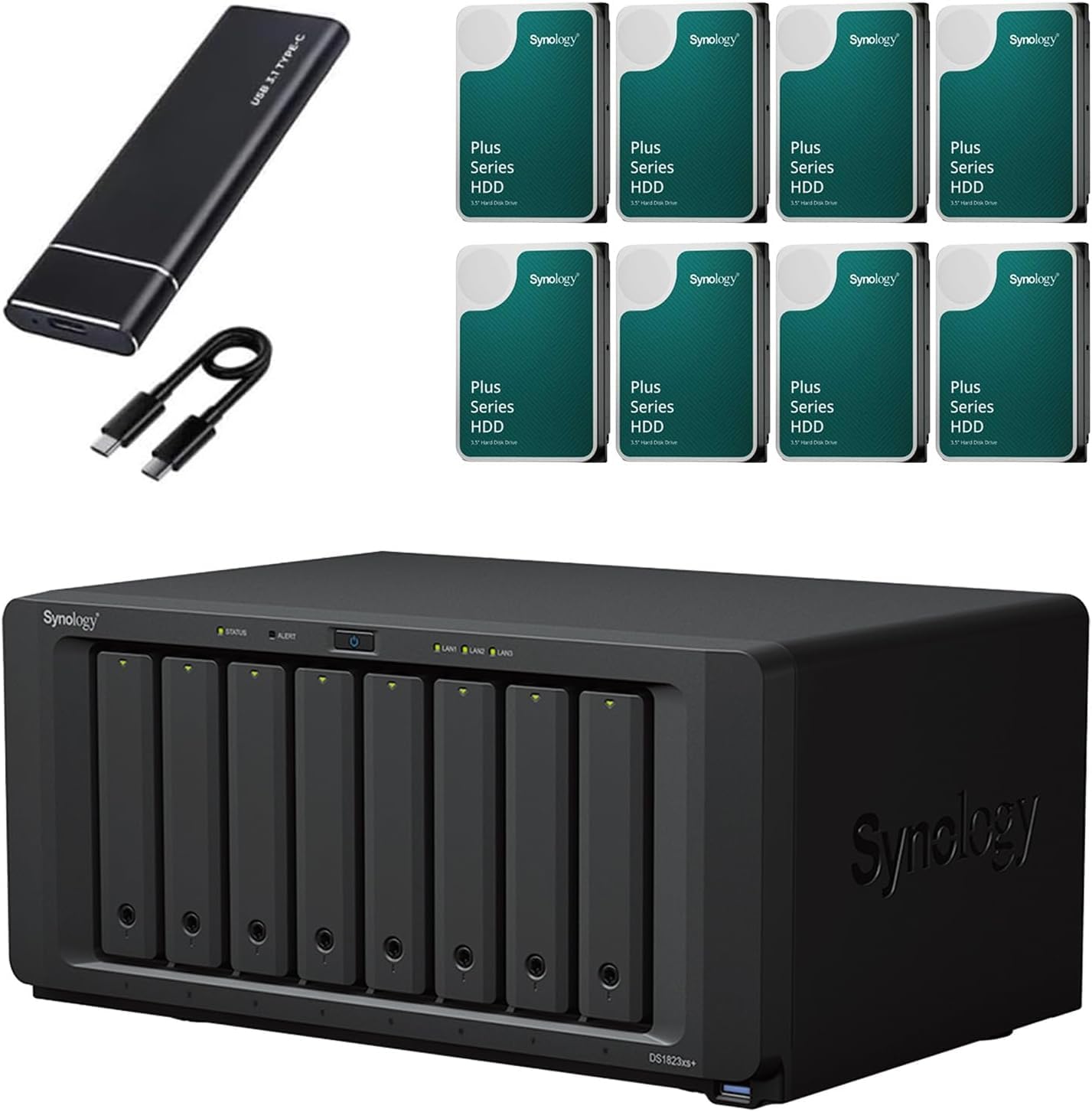 – Synology DS1823xs+ 8-Bay NAS, High-Speed Network Storage, RAID Backup, Business & Enterprise File Server, Expandable Scalable Storage - Includes 1st Wave External 512GB SSD (32GB RAM | 32TB (8X4TB))