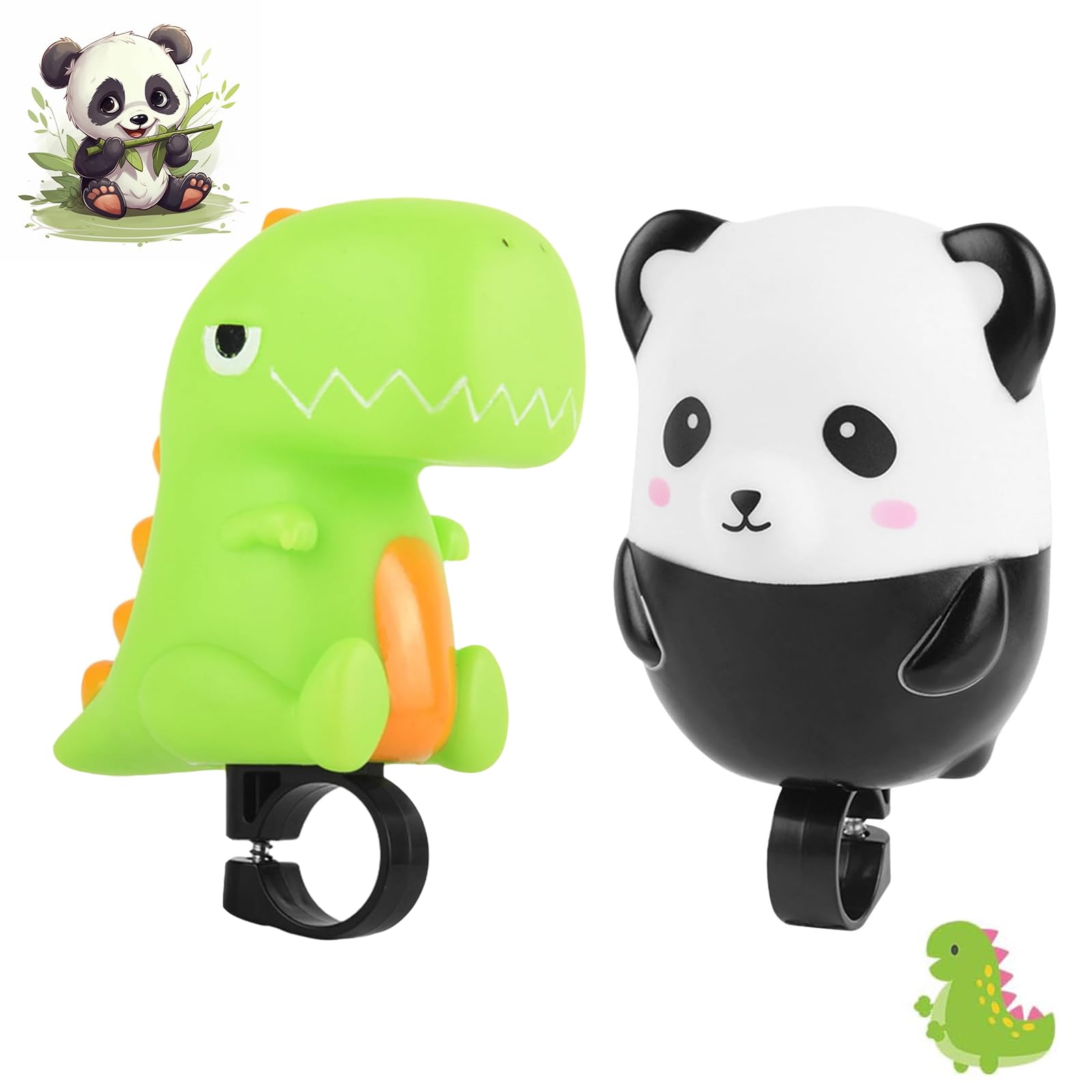 2 Piezas Bocina de Bicicleta para Niños, Dinosaurio Verde, Panda, Bocina de Scooter Tipo Empuje, Trompeta de Dibujos Animados para Niños Niñas Scooter, Accesorios Bicicleta Equilibrio