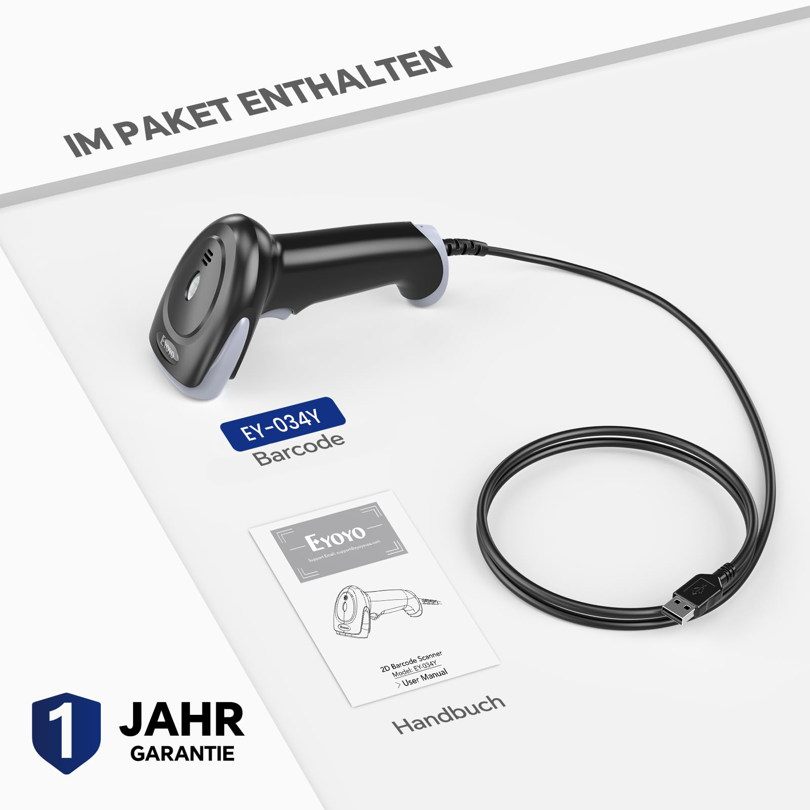 Eyoyo 2D Barcode Scanner, Lector de Códigos de Barras QR con Exploración de Pantalla, Portátil Escáner de Códigos de Barras Cableado con Cable USB para Supermercados Farmacias Bibliotecas Tiendas