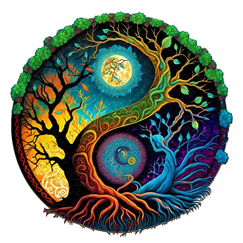 Blumuze Holzpuzzle Erwachsene 300 Stück,Yinyang Baum 3 Holzpuzzle Einzigartige Tierform Puzzleteile, Puzzle aus Tierteilen,Holz Puzzle, Puzzle Holz Erwachsene mit Geschenkbox aus Holz(L-13.8 * 13.8in)
