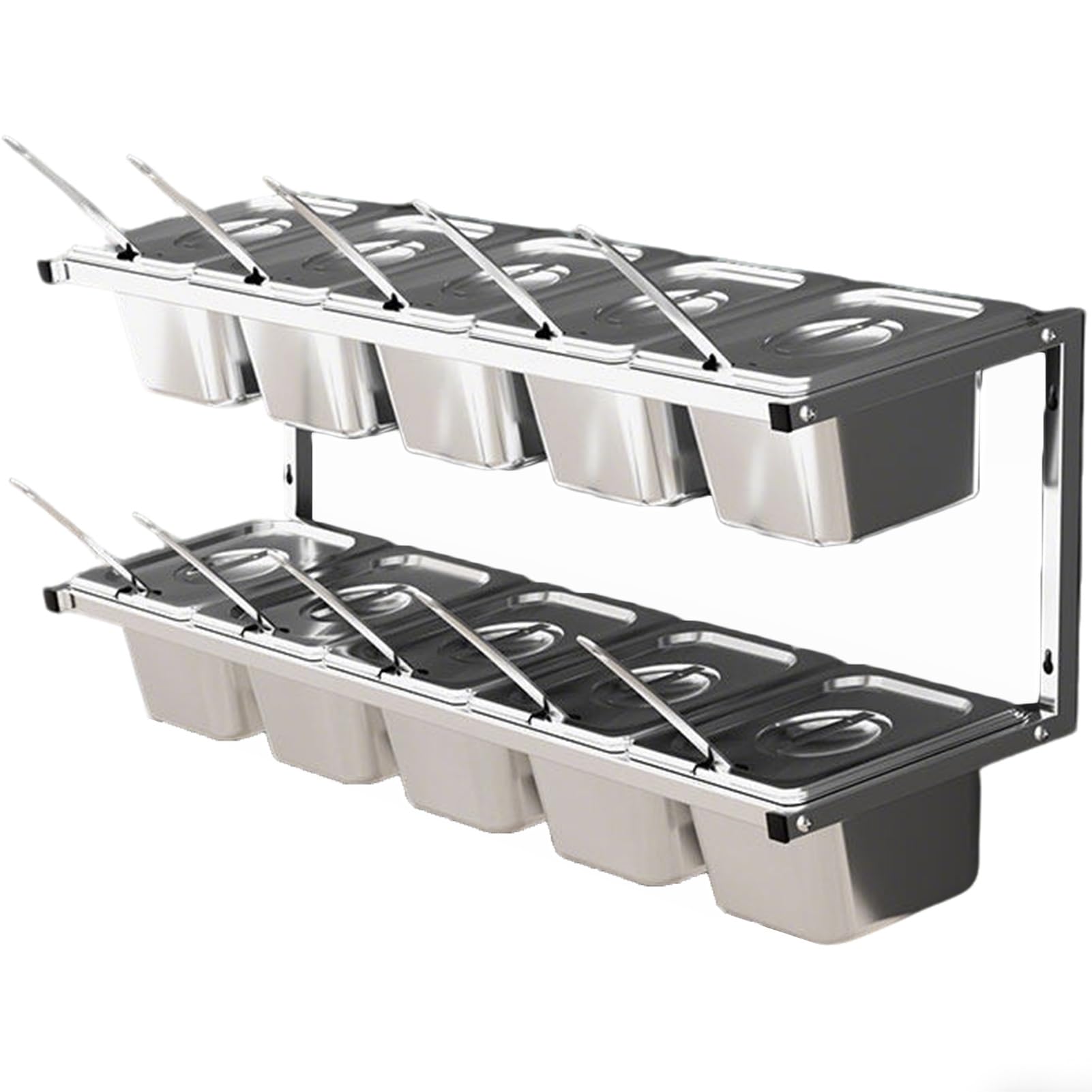 MYUYEE 2 Tier Stainless Steel Pizza Topping Station With Lids & Spoons Wall Mounted Spice Rack For Kitchen & Restaurant 6/8/10 Compartment Seasoning(10Cm(4In)-5Pcs-C)