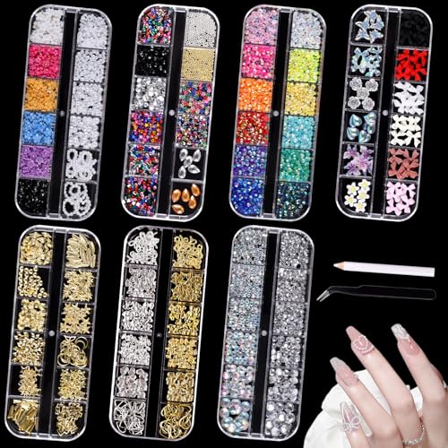 lafo 84 Motifs de Strass Ongles et Bijoux Ongles Nail Art en 7 Boîtes, Strass, Perles, Décorations 3D Or Argent, avec Pince et Stylet pour Décoration Ongles...