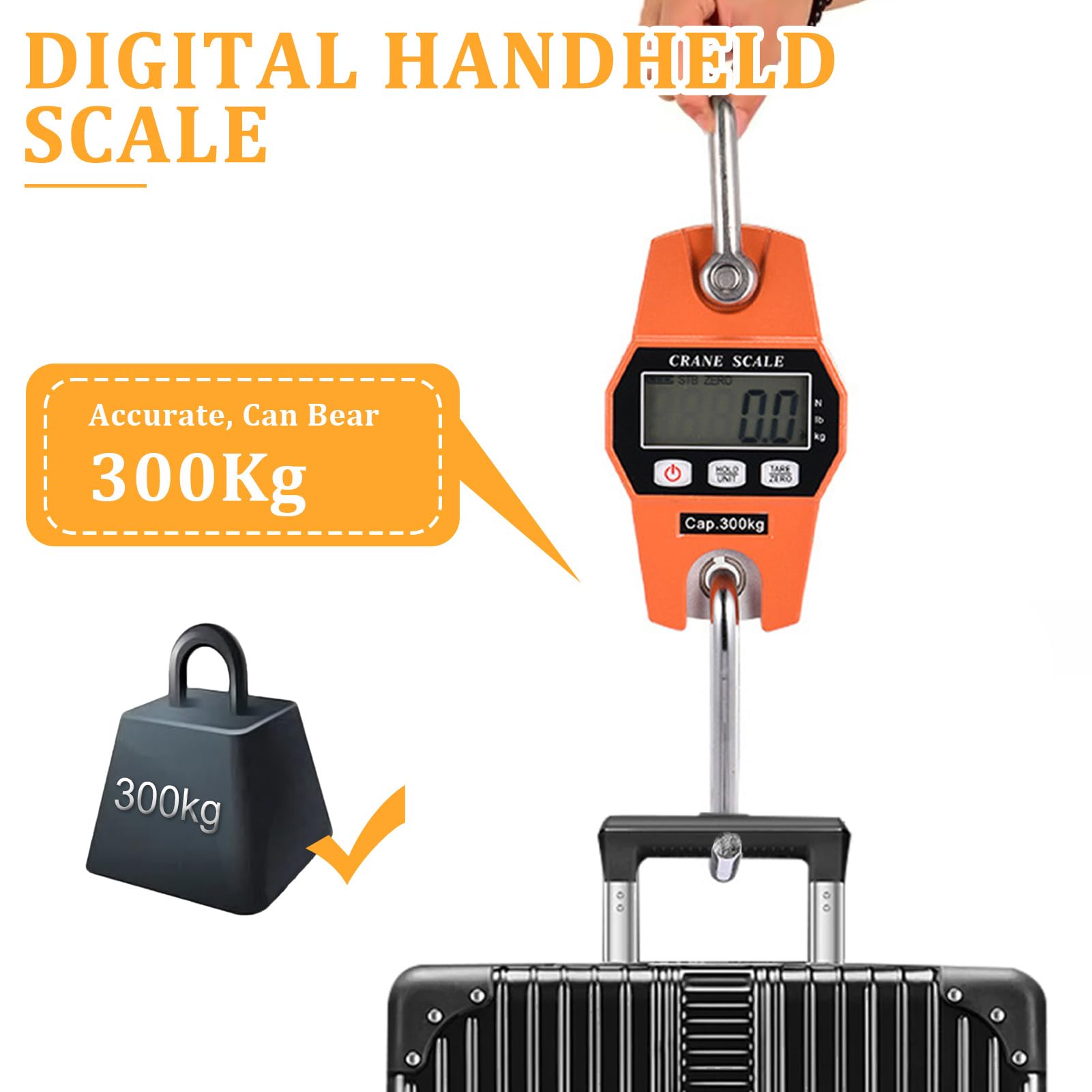 Kranwaage Digital Hängewaage Hakenwaage Kofferwaage Digital mit Haken Gepäckwaage Tragbare Wildwaage Fischwaage 300kg, LCD Display N/lbs/kg, Gelb