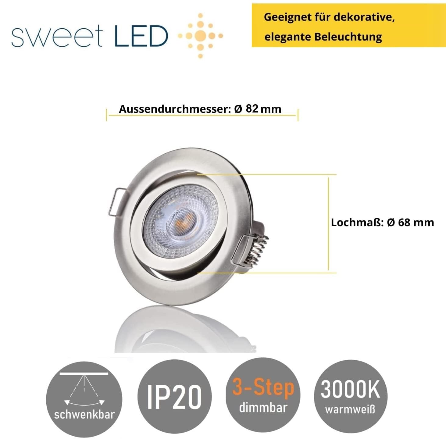 Sweet Led Einbaustrahler 230V flach dimmbar (3 Stufen) – 6er Led spots 230V - 5W 360lm - 3000K warmweiß – spots deckenleuchte - schwenkbar rund Ø68mm Lochmaß - deckenspots chrom-nickel