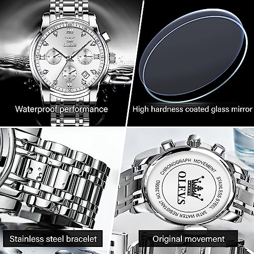 Image of OLEVS Men's Waterproof Watches Stainless Steel Waterproof Chronograph Wrist Watches Luxury Dress White Luminous Big Face Analog Quartz Male Watches