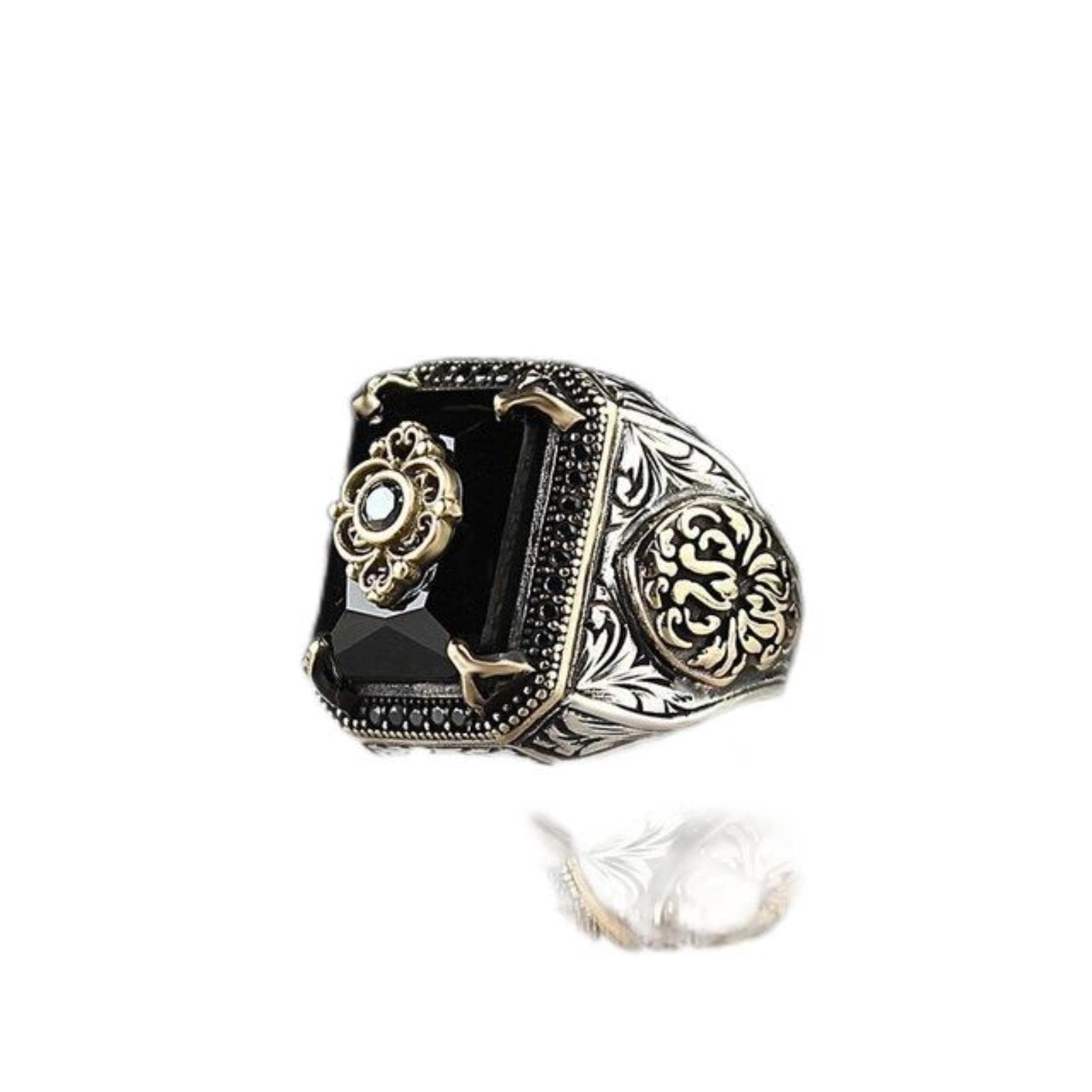 Vintage Turkish Signet Ring For Men Women Antique Silver Color Carved Eagle Ring Inlaid Green Zircon locomotive Punk Ring-8,Black