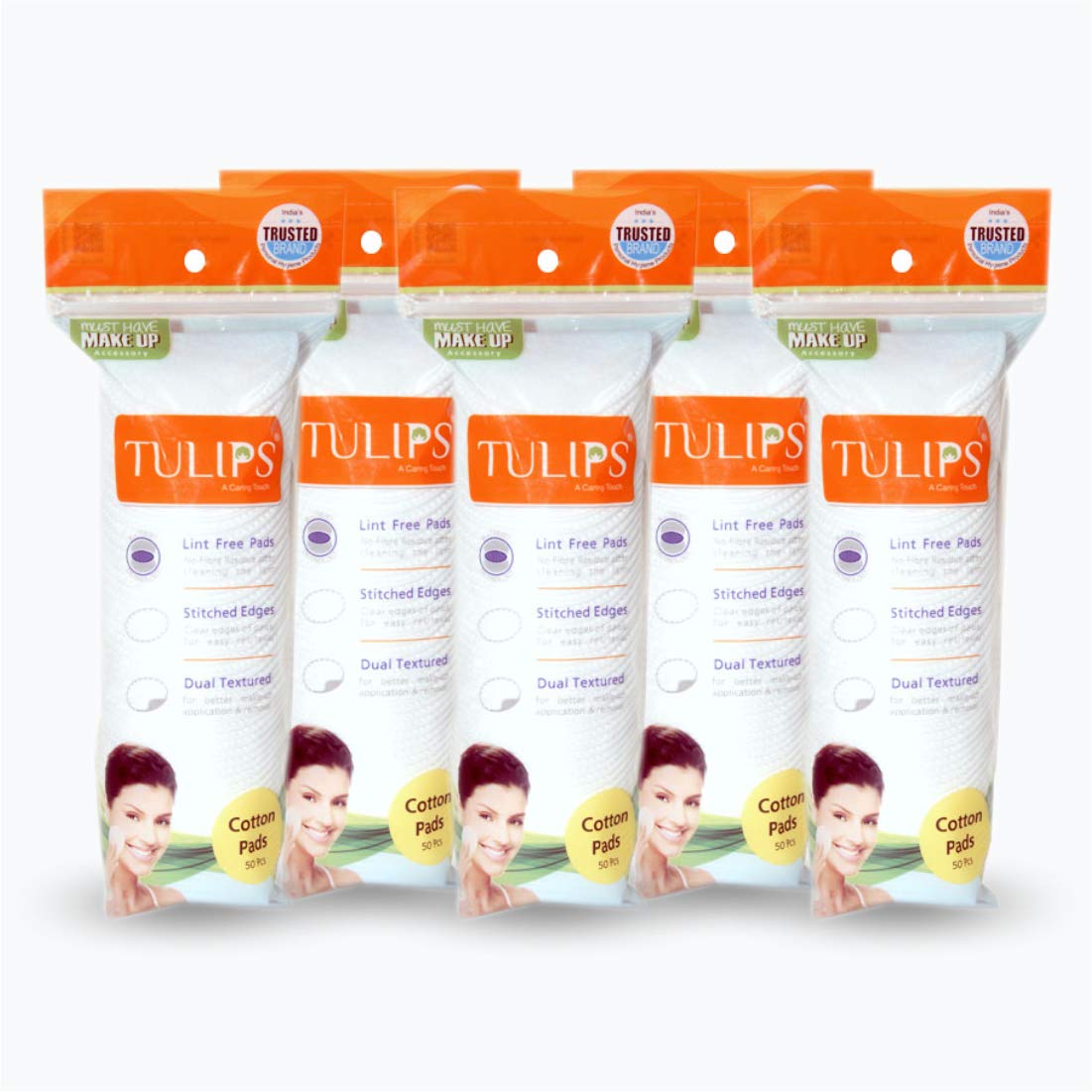 TULIPS 50 Round Facial Cotton Pads in a Ziplock Bag; Pack of 5; 100% Pure Soft Cotton; Best for Applying & Removing Makeup; Safe for Sensitive Skin