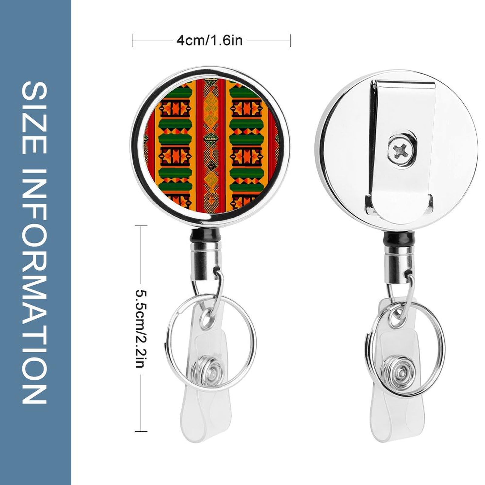 African Print Traditional Tribal Retractable Badge Holder Metal ID Name Holder Key Ring with Belt Clip