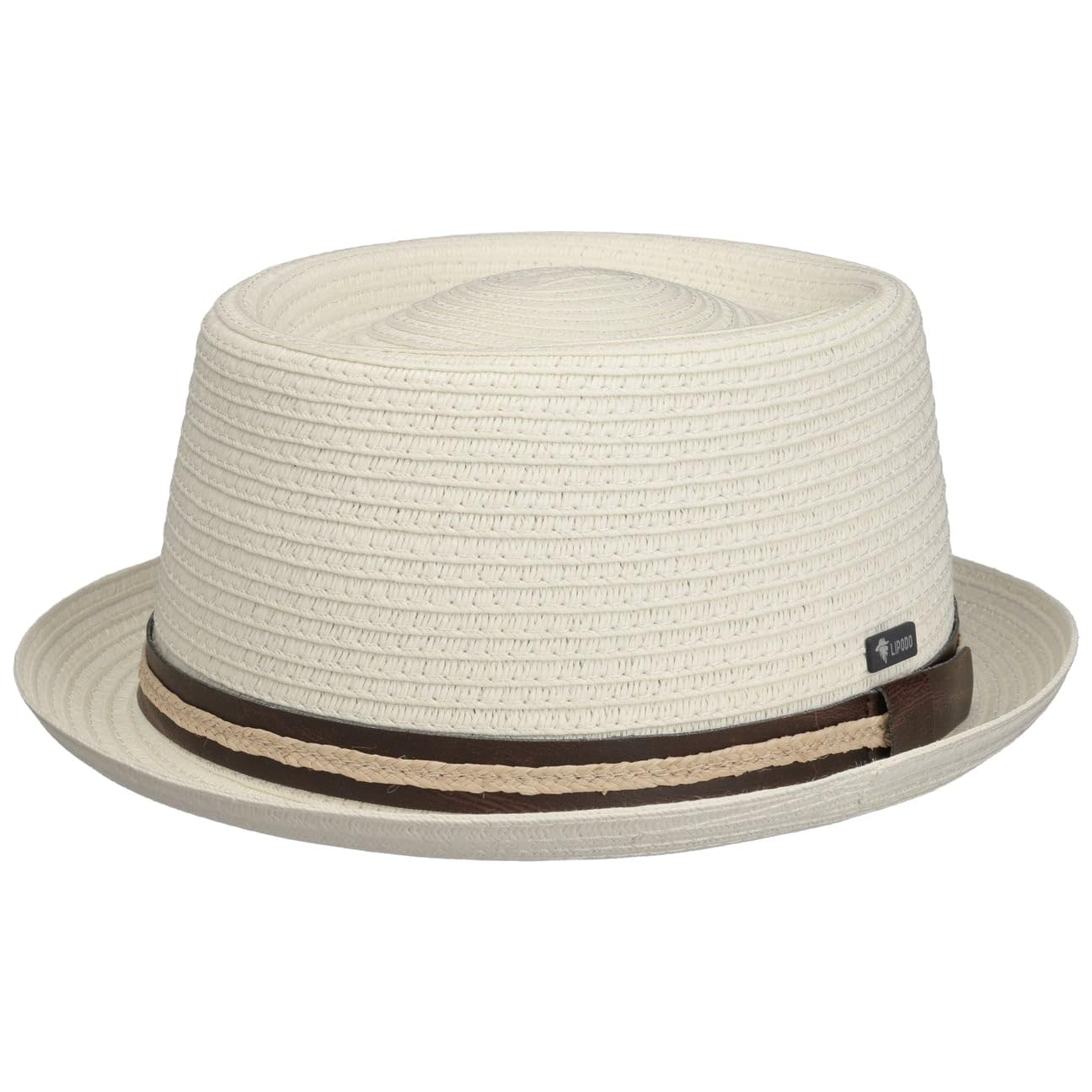 Lipodo Carignano Pork Pie Strohoed Heren - Made in Italy zonnehoed met leren band ripsband voor Lente/Zomer - L (58-59 cm) naturel