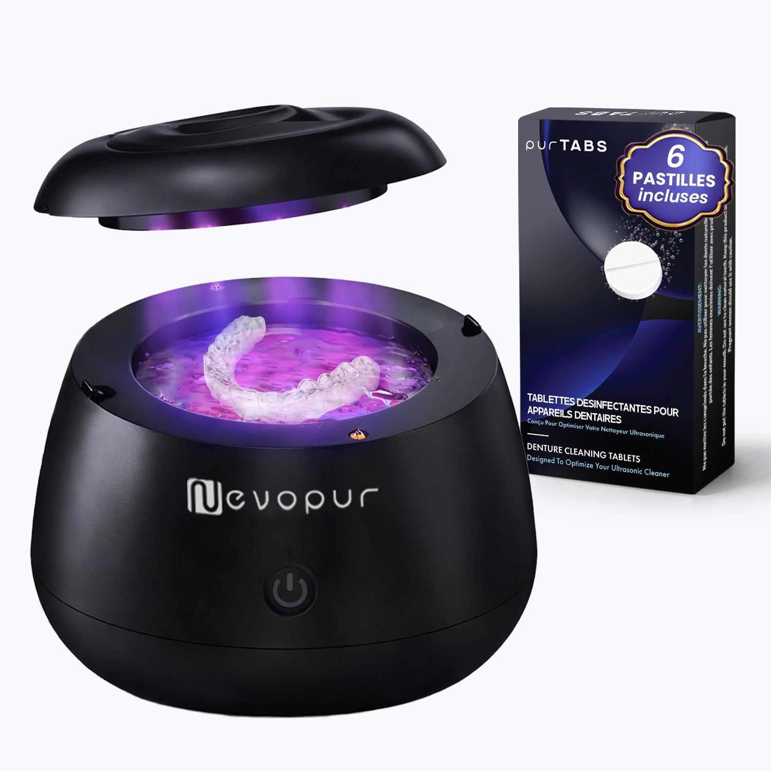 Nettoyeur Ultrason Appareil Dentaire purDENTAL by NEVOPUR – 48 kHz UV, Bac Inox 200 mL – Nettoyant Gouttière, Dentier, Prothèse, Aligneur – 6 purTABS inclus (tablettes nettoyantes)