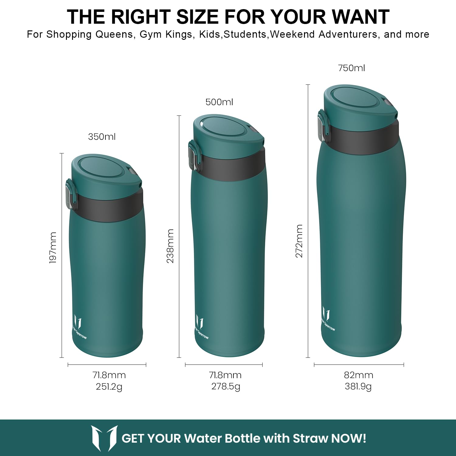 Super Sparrow Borraccia Termica Cannuccia, Borraccia in Acciaio Inox - 350ml, 500ml, 750ml - Senza BPA Tazza Borracce Termiche, Bottiglia Termica per Bambini, Scuola, Sportiva