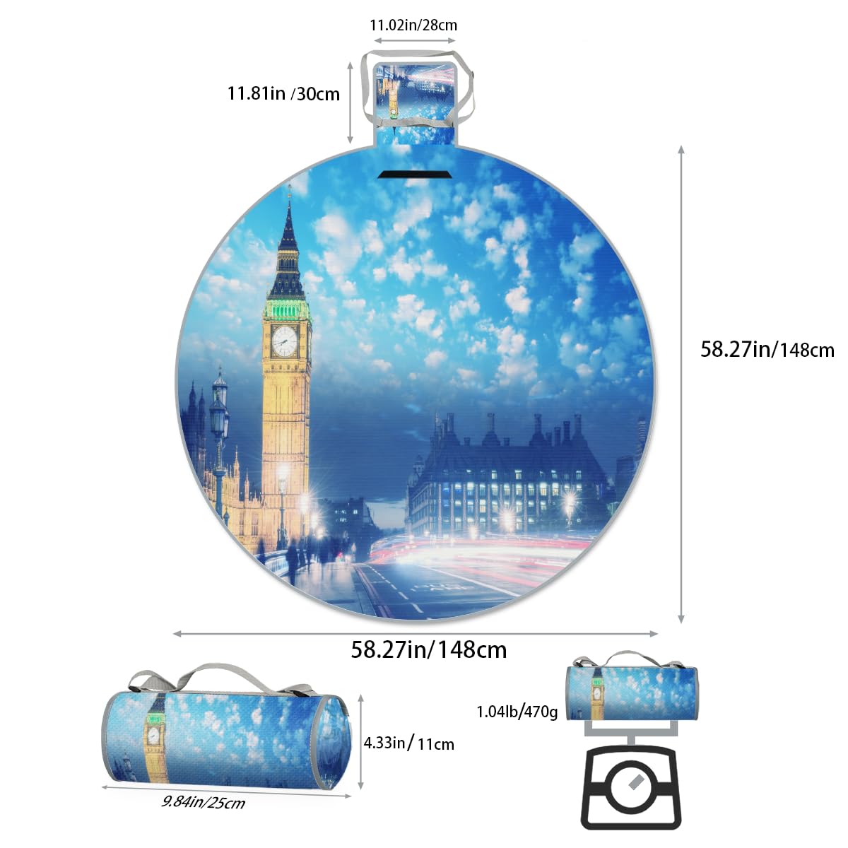 Shimoshe Night Big Ben Picnic Outdoor Blanket Foldable Waterproof Sandproof Beach Blanket Portable Water-Resistant Round Picnic Mat for Travel Camping Park Lawn