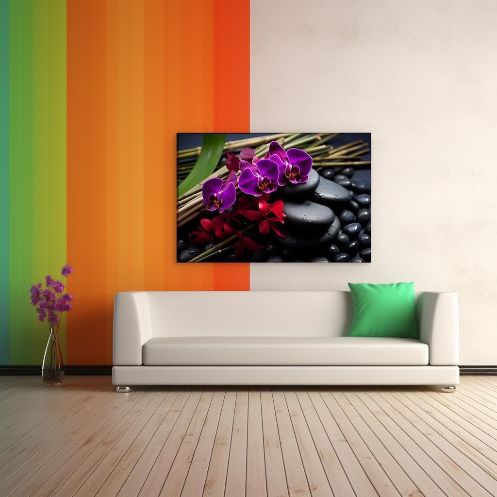 Canvas for Living room. Serenity in Balance: Orchids and Stones in Harmonious Display, 27 x 18 inch Canvas Wall Art - Contemporary Masterpieces - Modern Home Decor - 69x46 cm (27x18 inch)