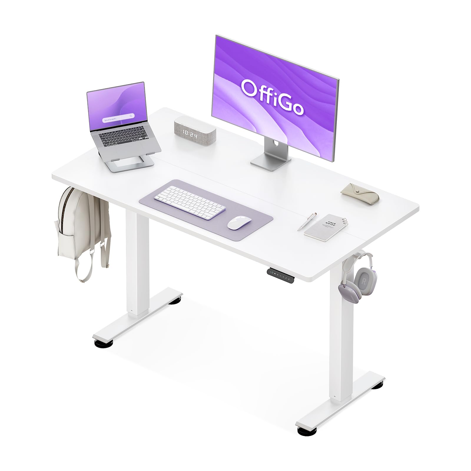 OffiGo Electric Standing Desk, 120x60cm Height Adjustable Desk with 2 Memory Presets, Quiet Sit Stand Desk for Home Office Bedroom Living Room, Ergonomic Computer Desk with Hooks & Cable Holes, White