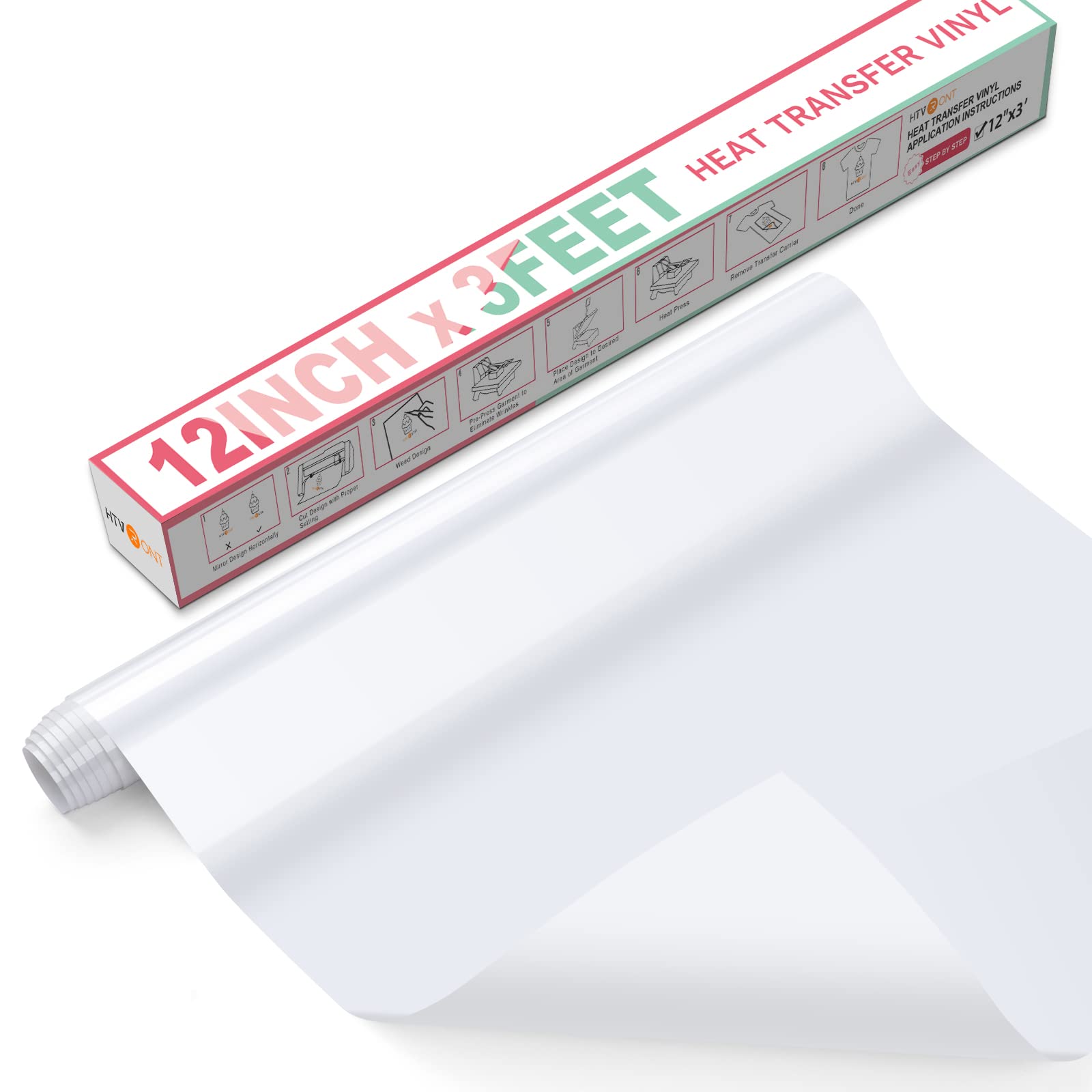 HTVRONT HTV Heat Transfer Vinyl-12 x 3FT White HTV Vinyl Roll for T-Shirts, Iron on Vinyl for Cricut, Cameo & Heat Press Machine- Easy to Cut & Weed Vinyl Heat Transfer (White)